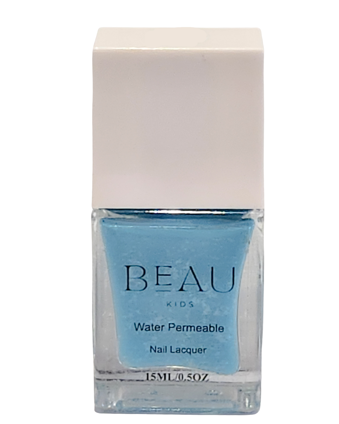 Blue nail polish bottle with 'BEAU' branding on a white background